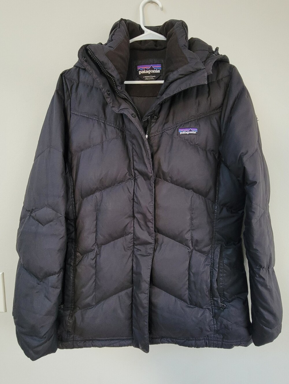 Patagonia Down With It Black Puffer Hooded Parka Womens Size L Outdoor Gorpcore